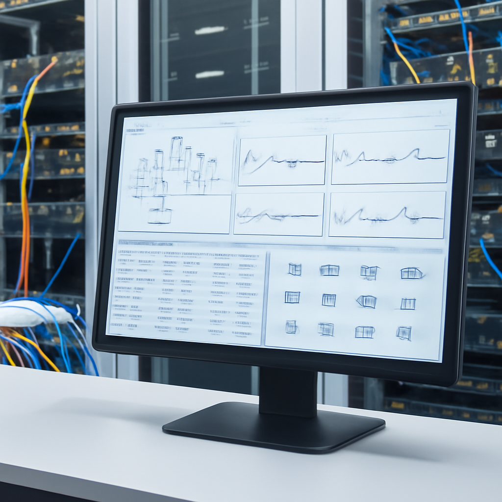 Network management system setup with large computer screen and servers in a brightly-lit data center environment.