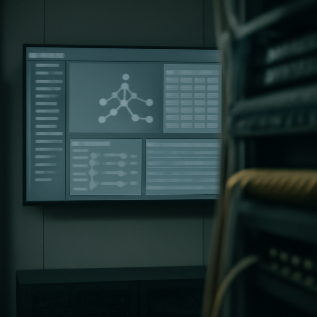 Network control room with large screens displaying abstracted interface.
