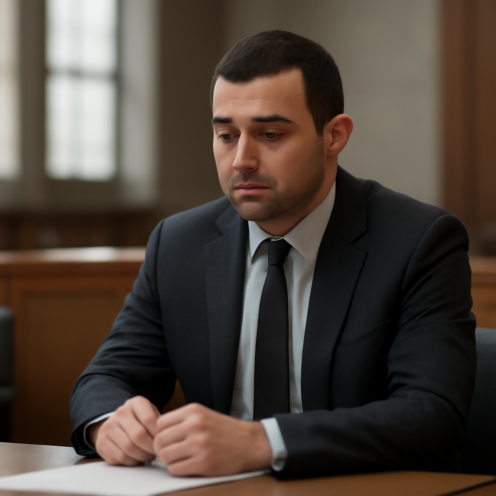Man sits somberly in a courtroom or government agency setting, hands clasped or holding a document.