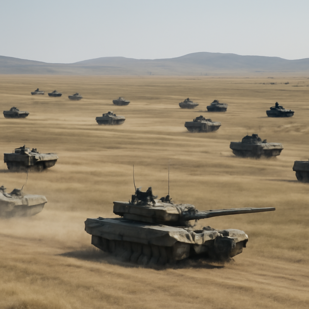 Armored vehicles maneuver across a vast, open plain in a military exercise.