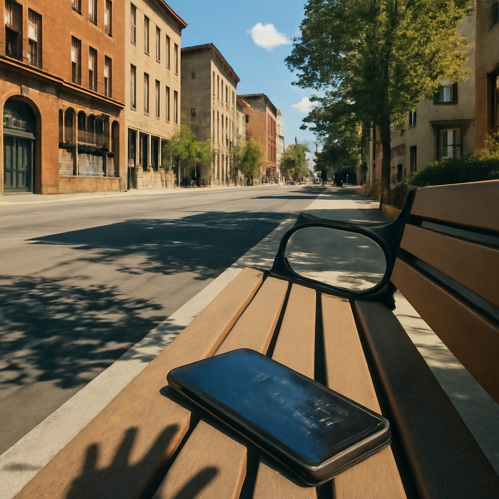 Smartphone lies on a park bench with cracked screen, near a faint shadow of a hand.
