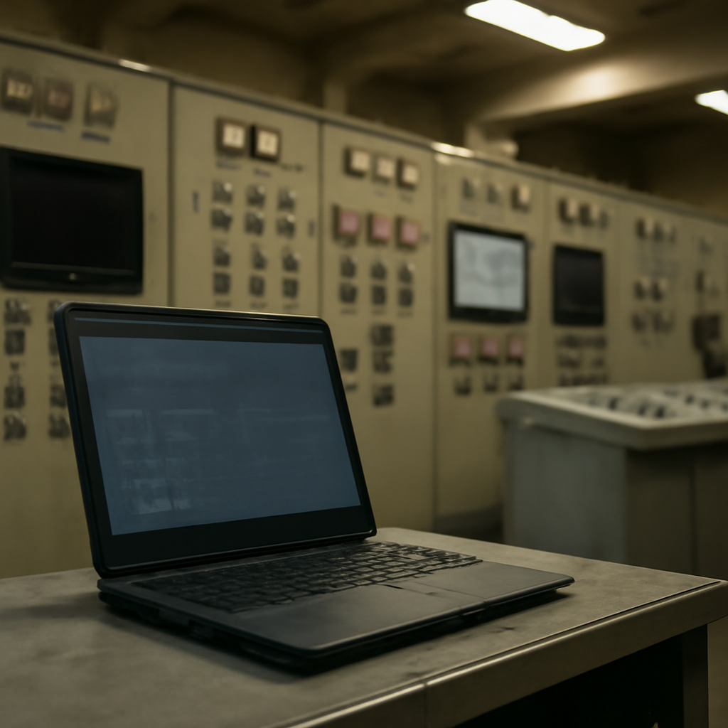 Dark industrial control room with a lone, open laptop on a metal console.