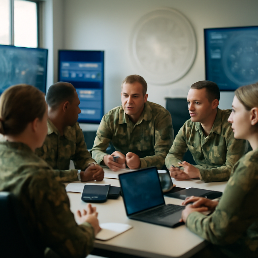Military personnel gather around a high-tech briefing table with multiple screens.