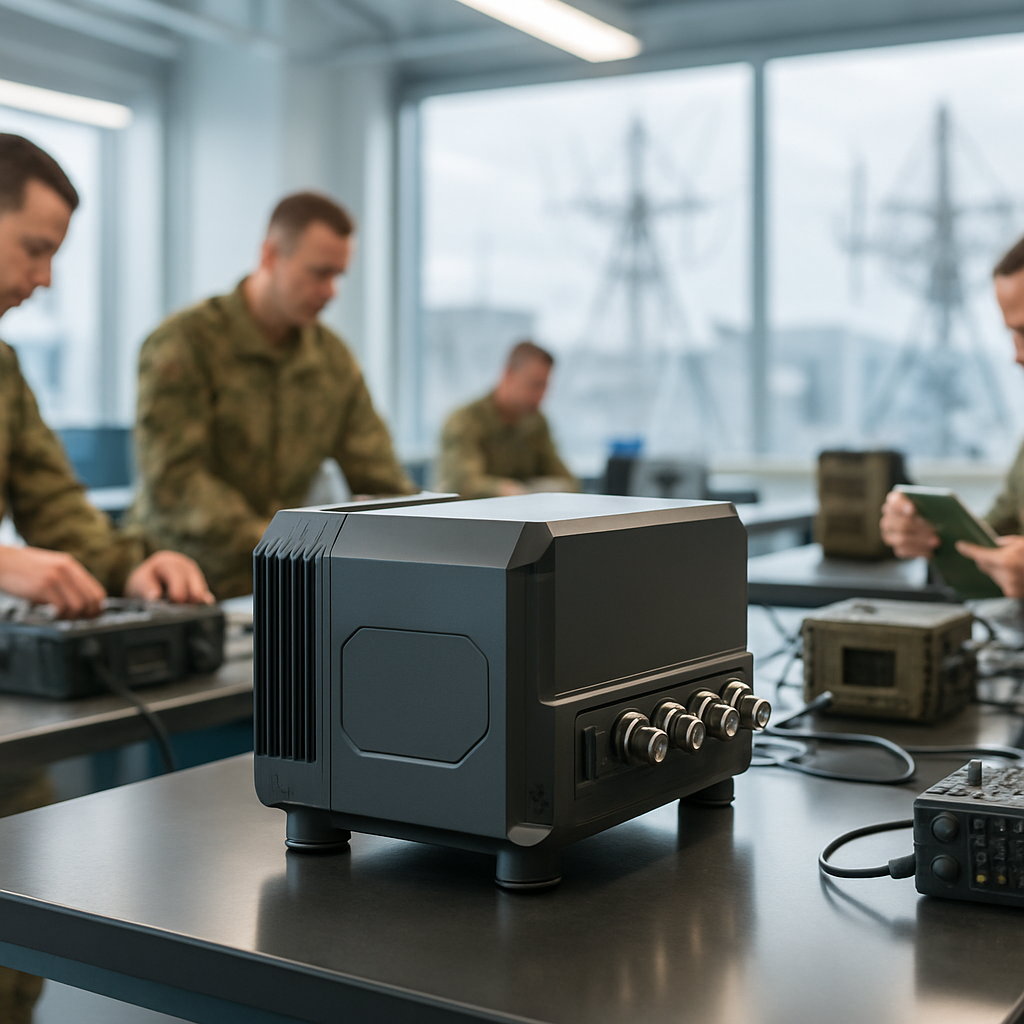 Modern military lab with sleek electronic warfare system on polished surface surrounded by various equipment and devices.