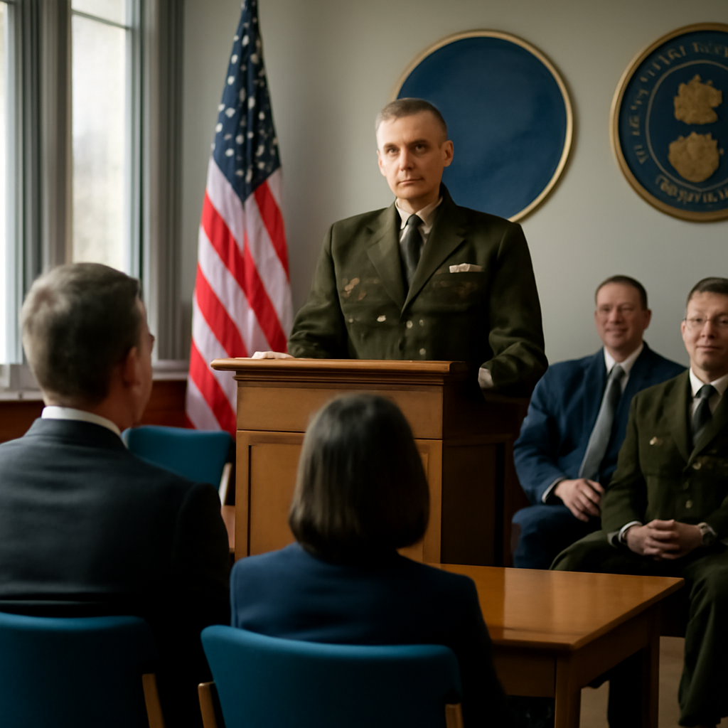 Military officials in formal attire gather around a podium in a brightly-lit briefing room.