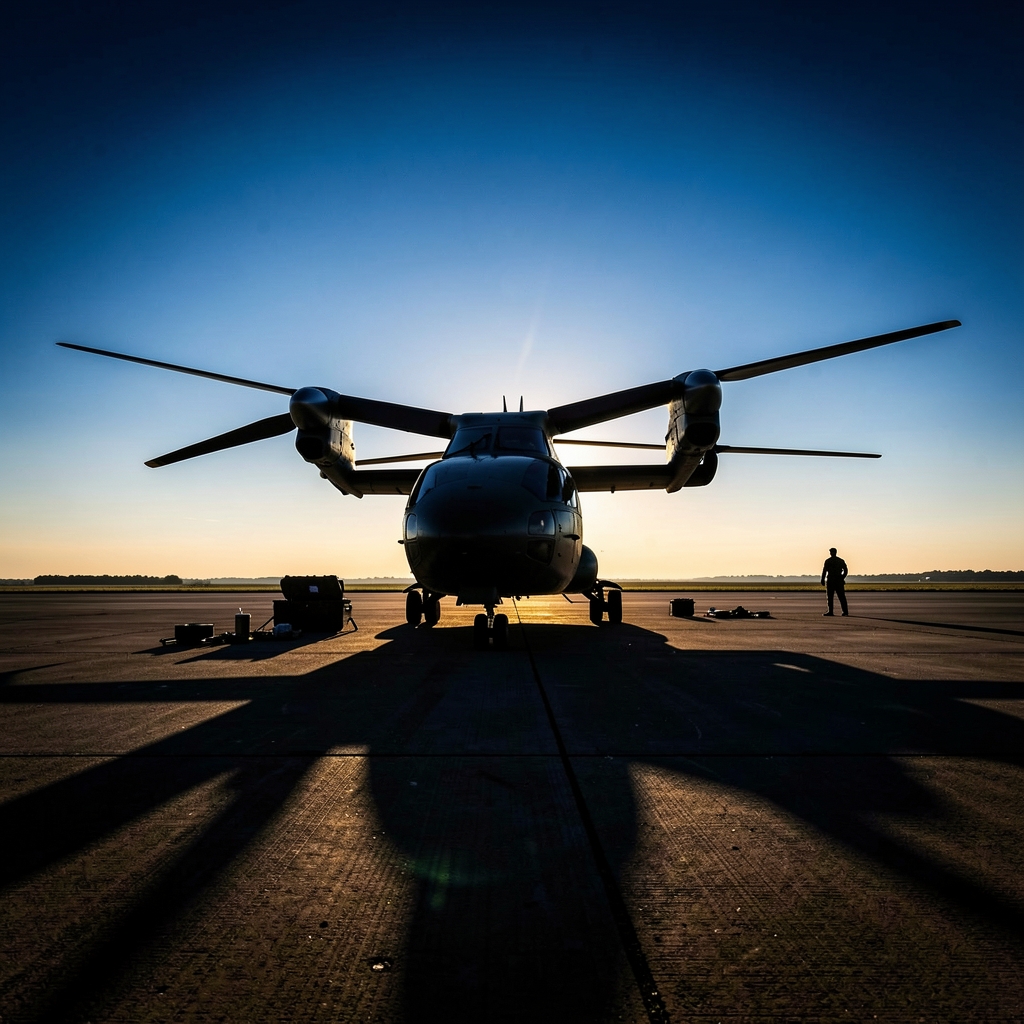 Tiltrotor aircraft's rotor blades cast long shadows on a deserted runway at dawn or dusk.