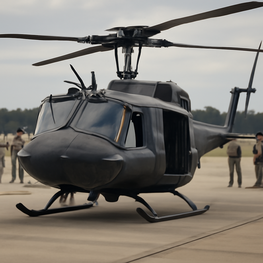 Military helicopter on tarmac at Fort Rucker with personnel in background.