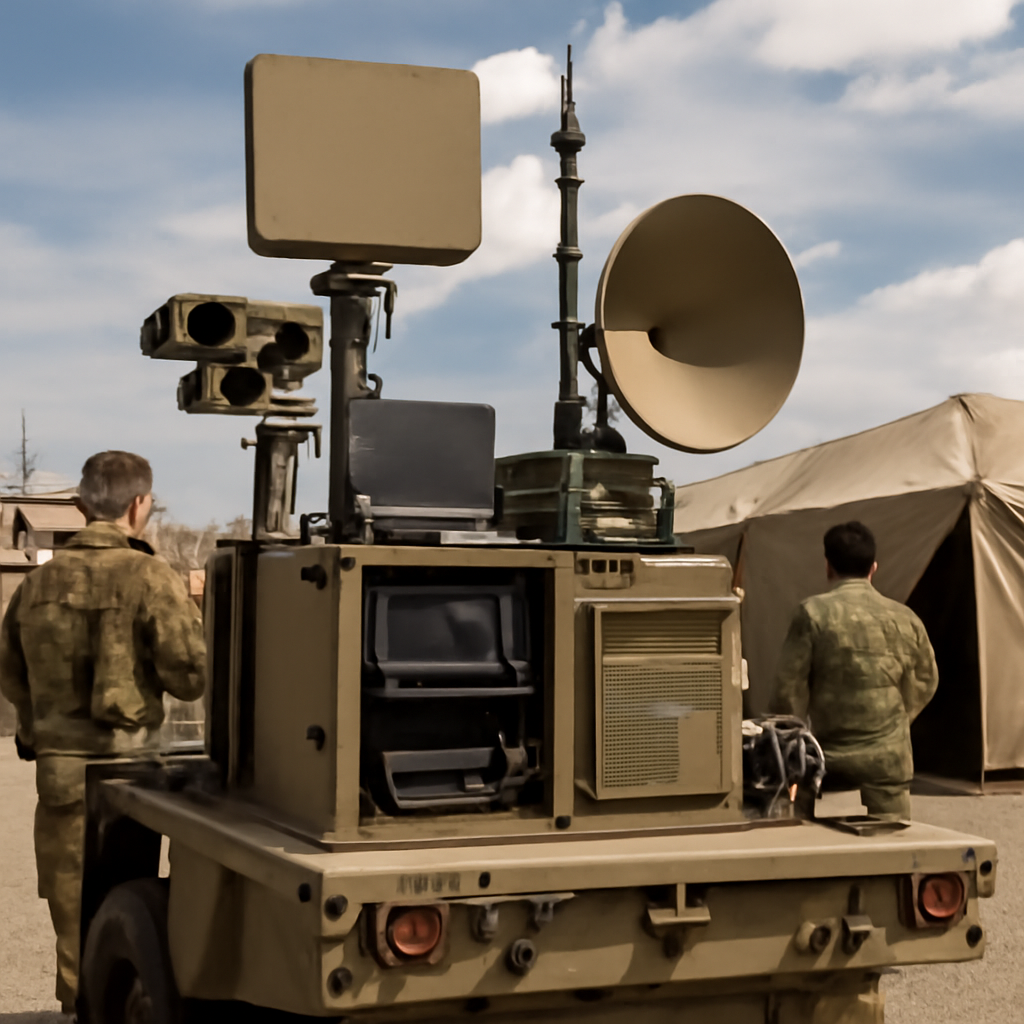 Ruggedized vehicle-mounted system with integrated technology components in a military setting.