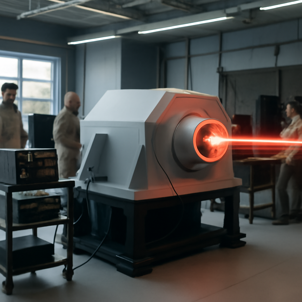 Futuristic lab with high-energy laser system and technical equipment.