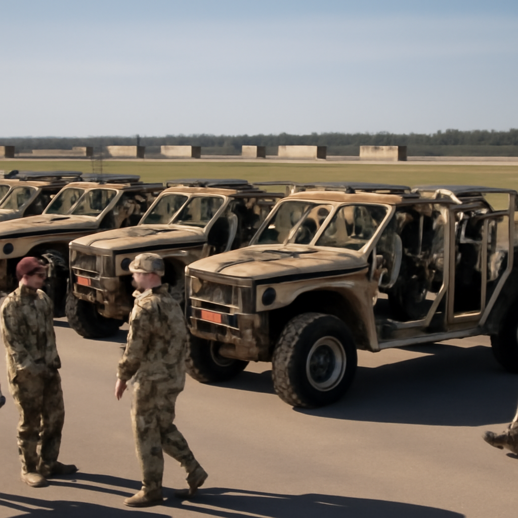Military personnel stand near a row of Infantry Squad Vehicle Heavy prototypes at a testing facility.