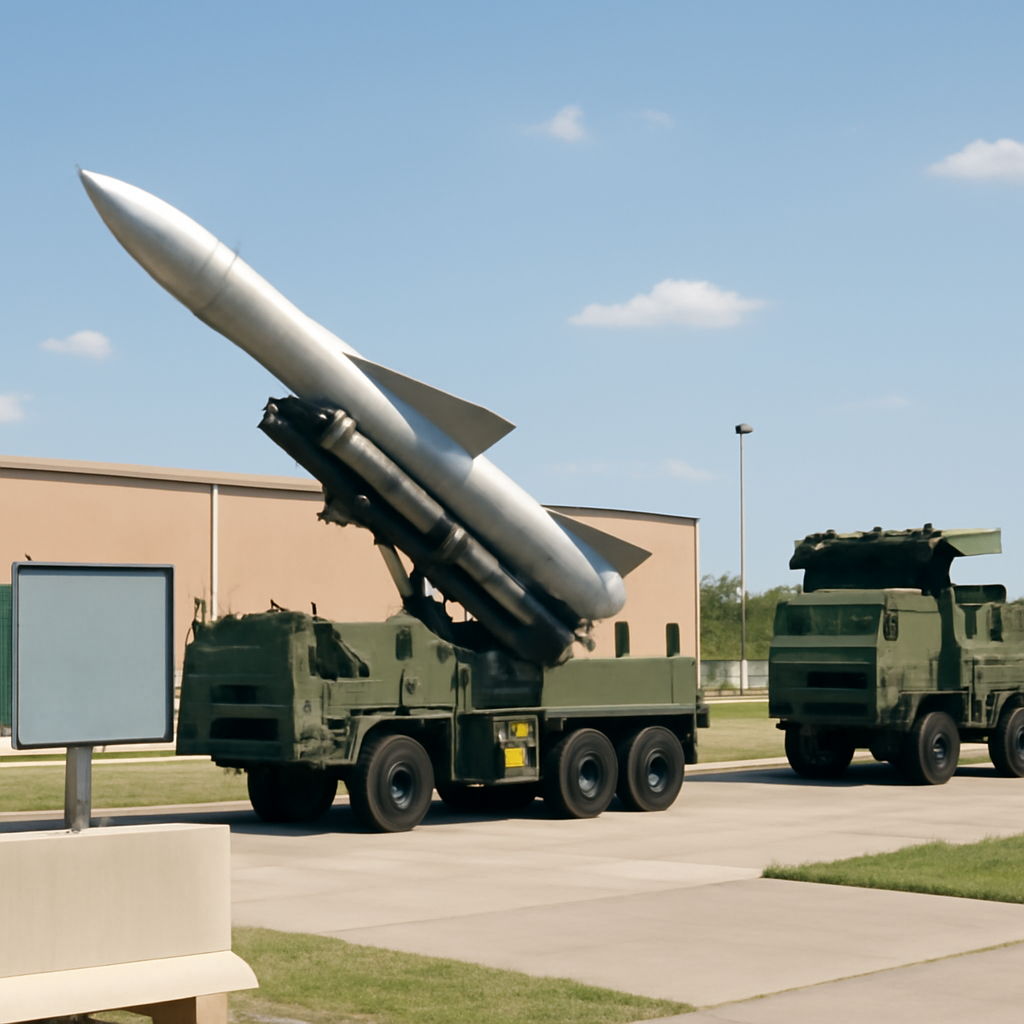 Military vehicle with launcher and missile at a testing range.