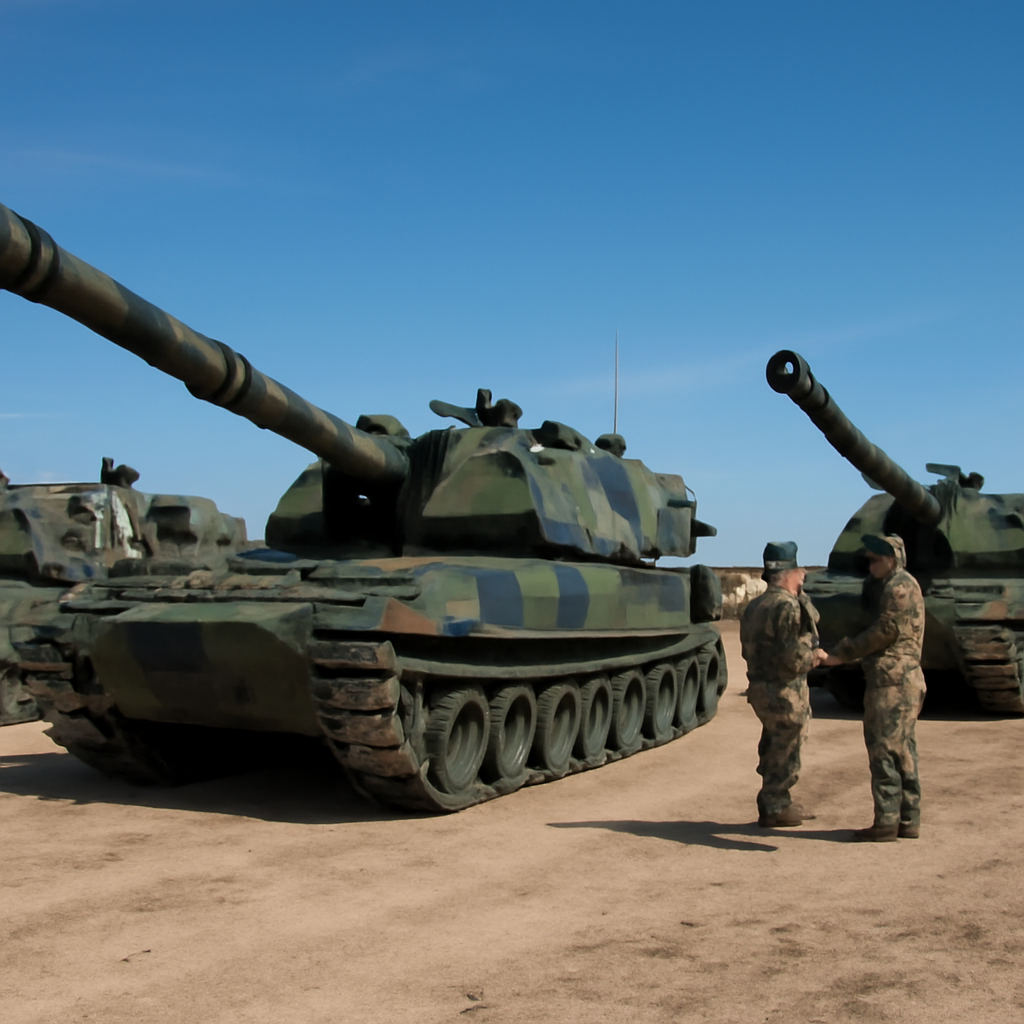 Self-propelled howitzer prototypes with camouflage patterns parked on a military base with personnel standing nearby.