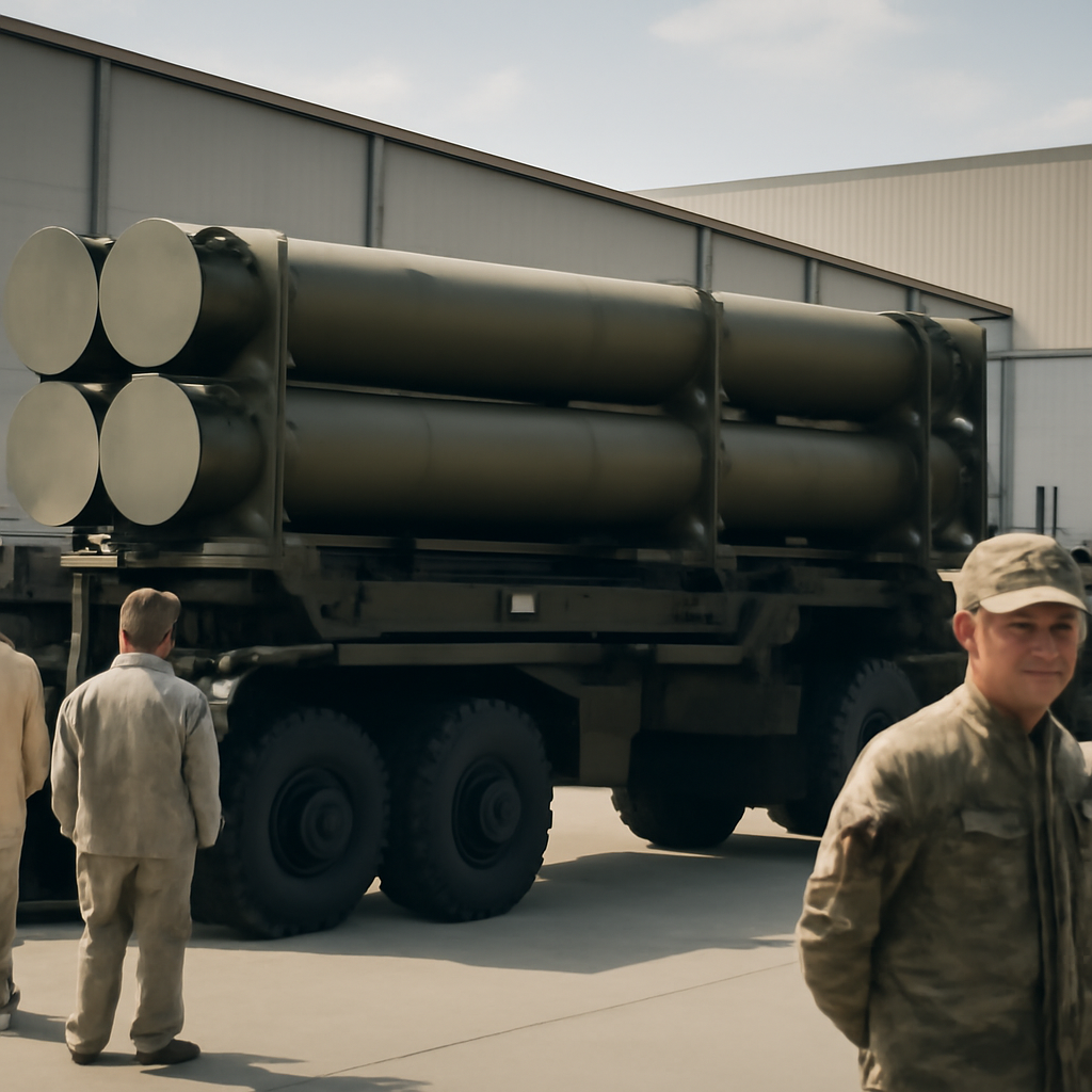 PAC-3 missile interceptors on display at a Lockheed Martin facility with military personnel in the background.