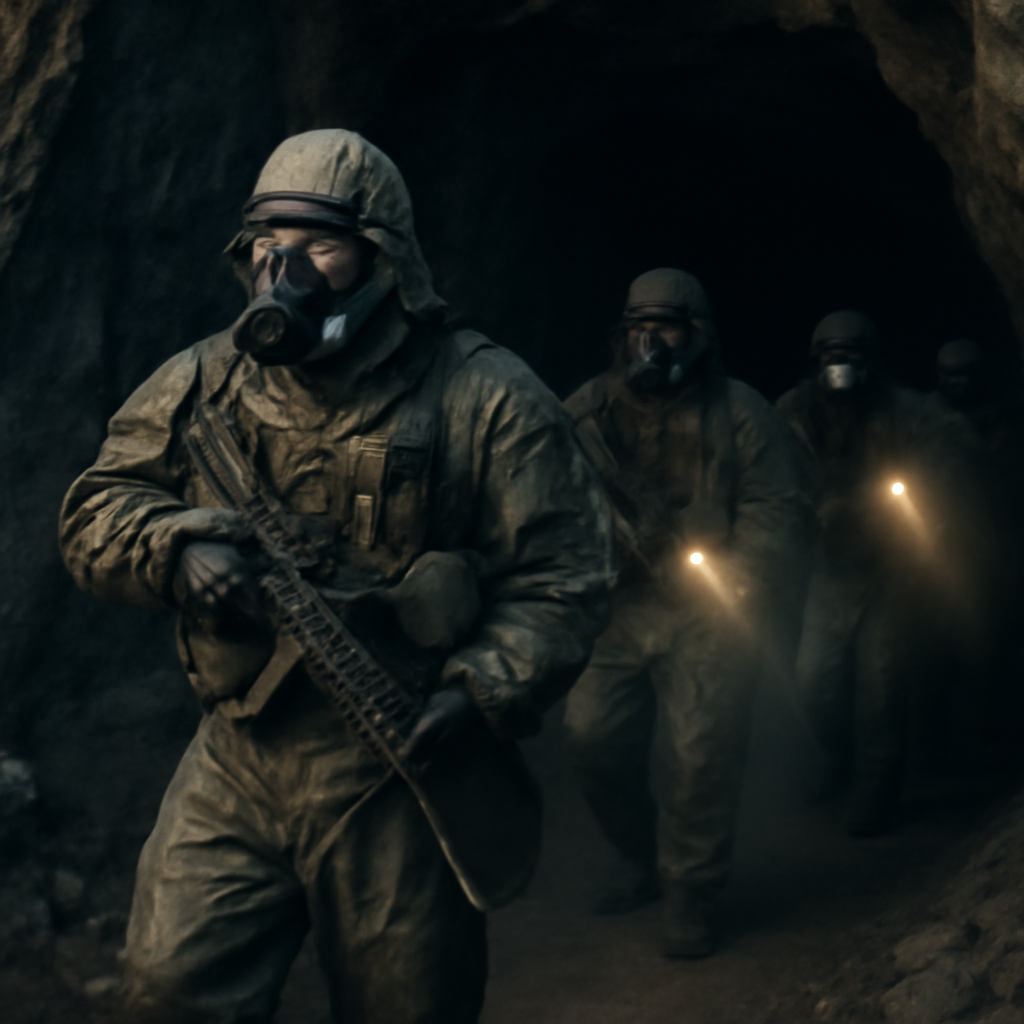 Soldiers in protective gear cautiously enter a dimly lit cave during CBRN operations.