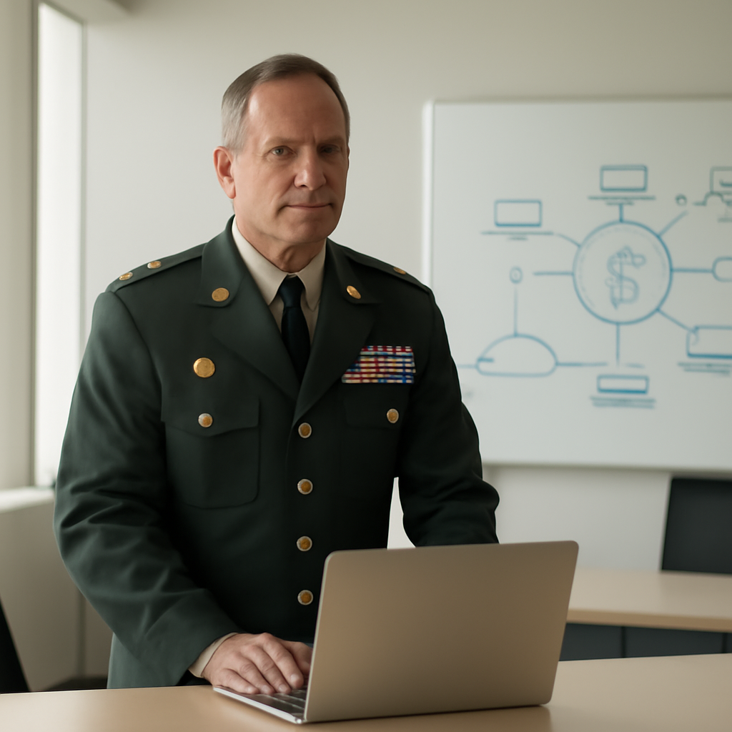 Military officer briefs in a clean conference room with laptop on table.