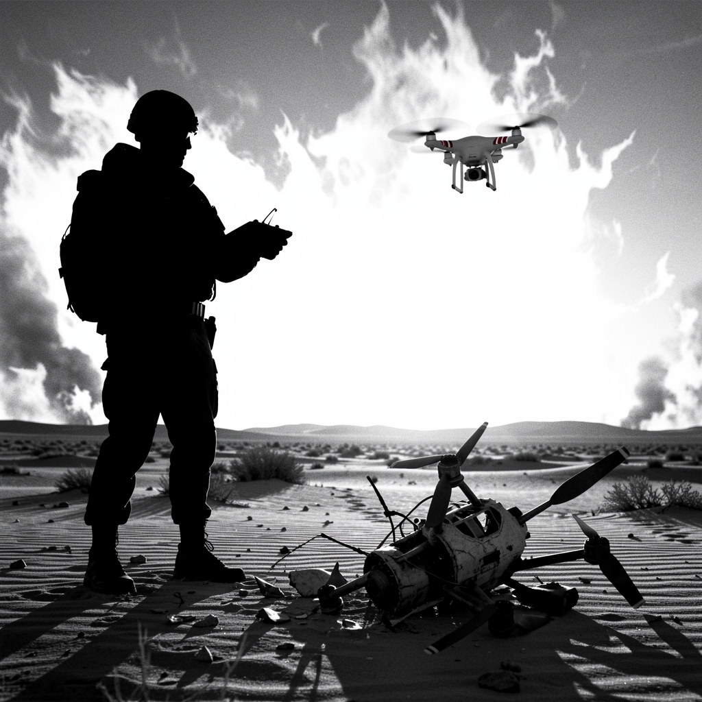 Soldier in desert holds remote control with drone flying, another drone wrecked nearby.