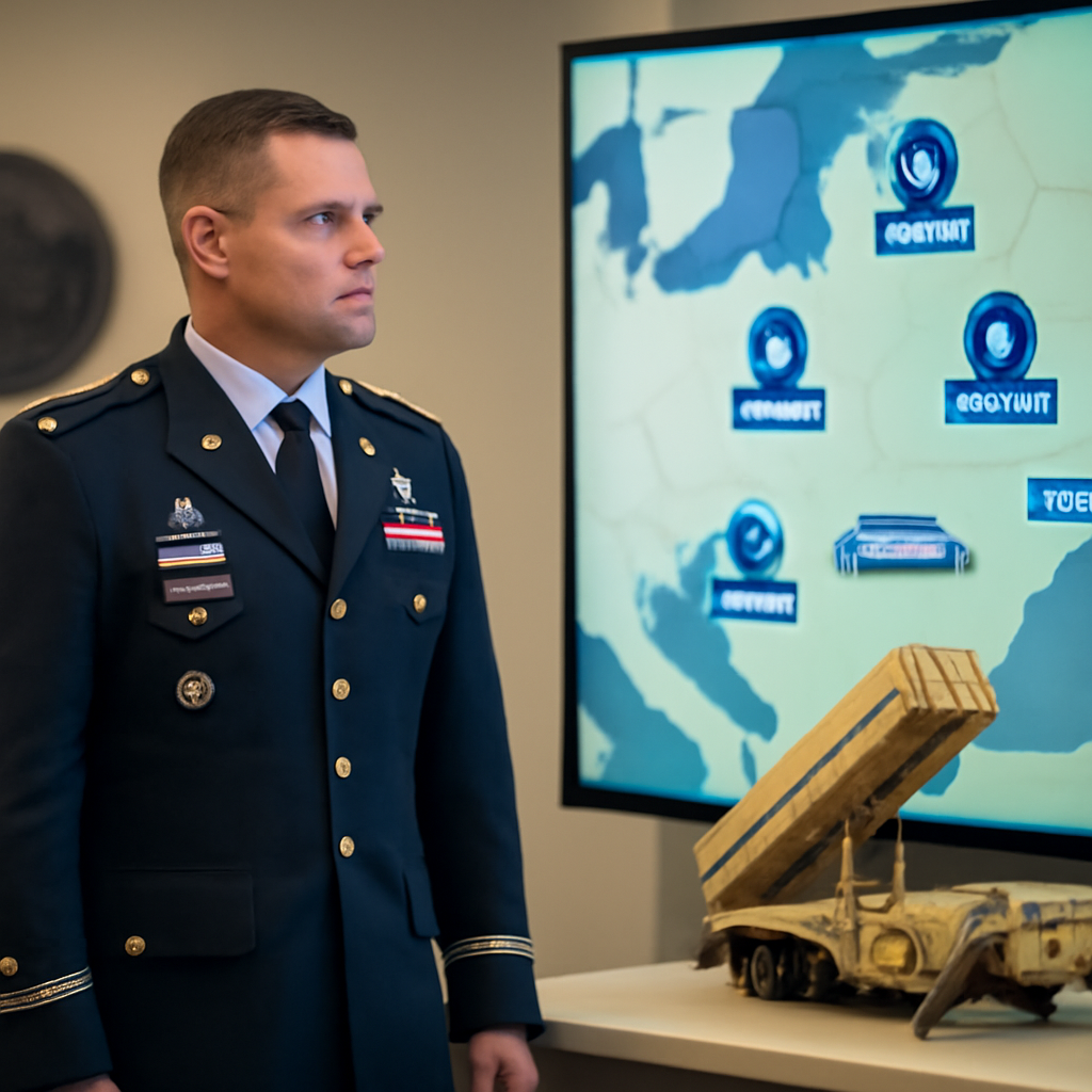 US Army officer examines air defense systems map with Patriot launcher model nearby.