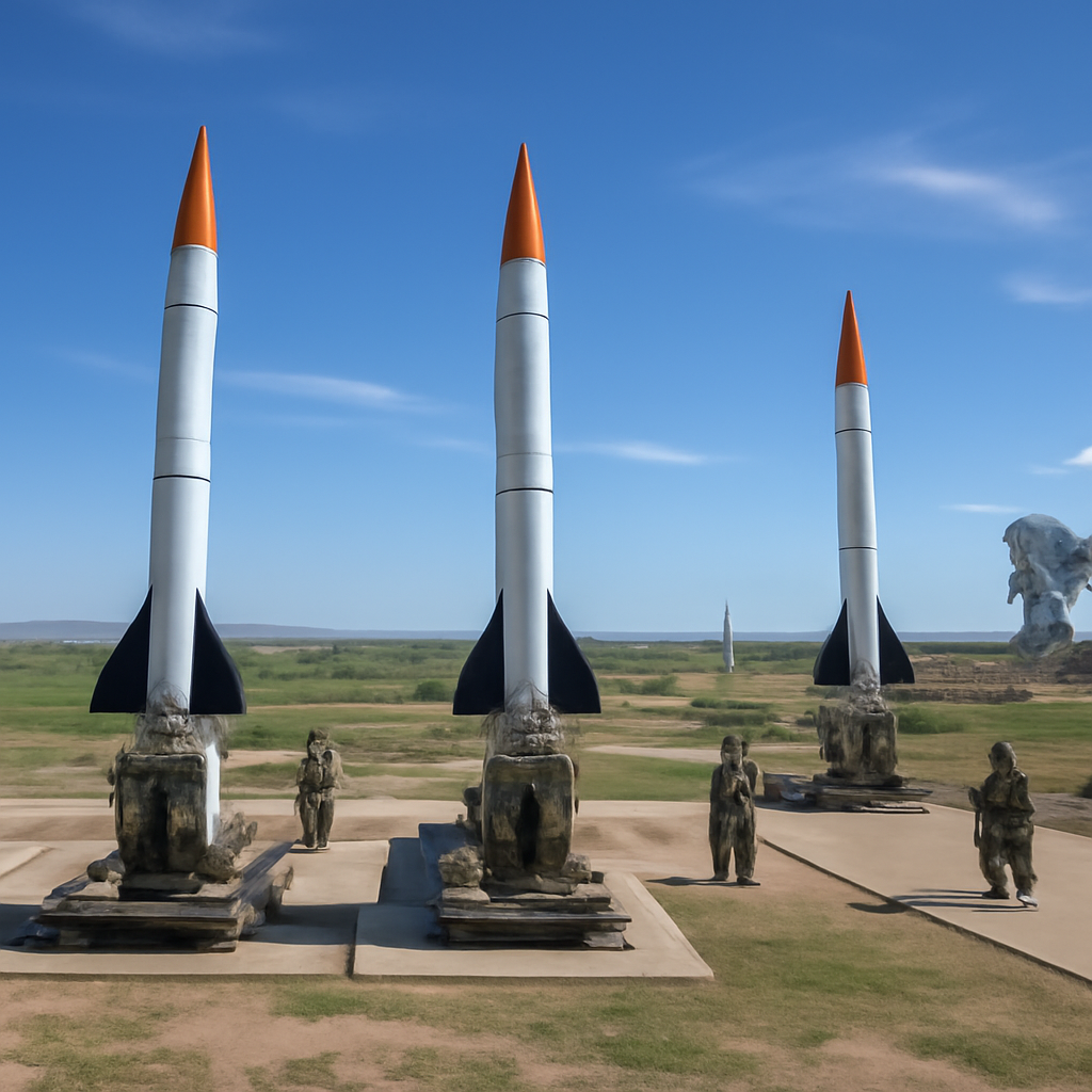 Military testing range with interceptor missiles and facilities in a sunny landscape.