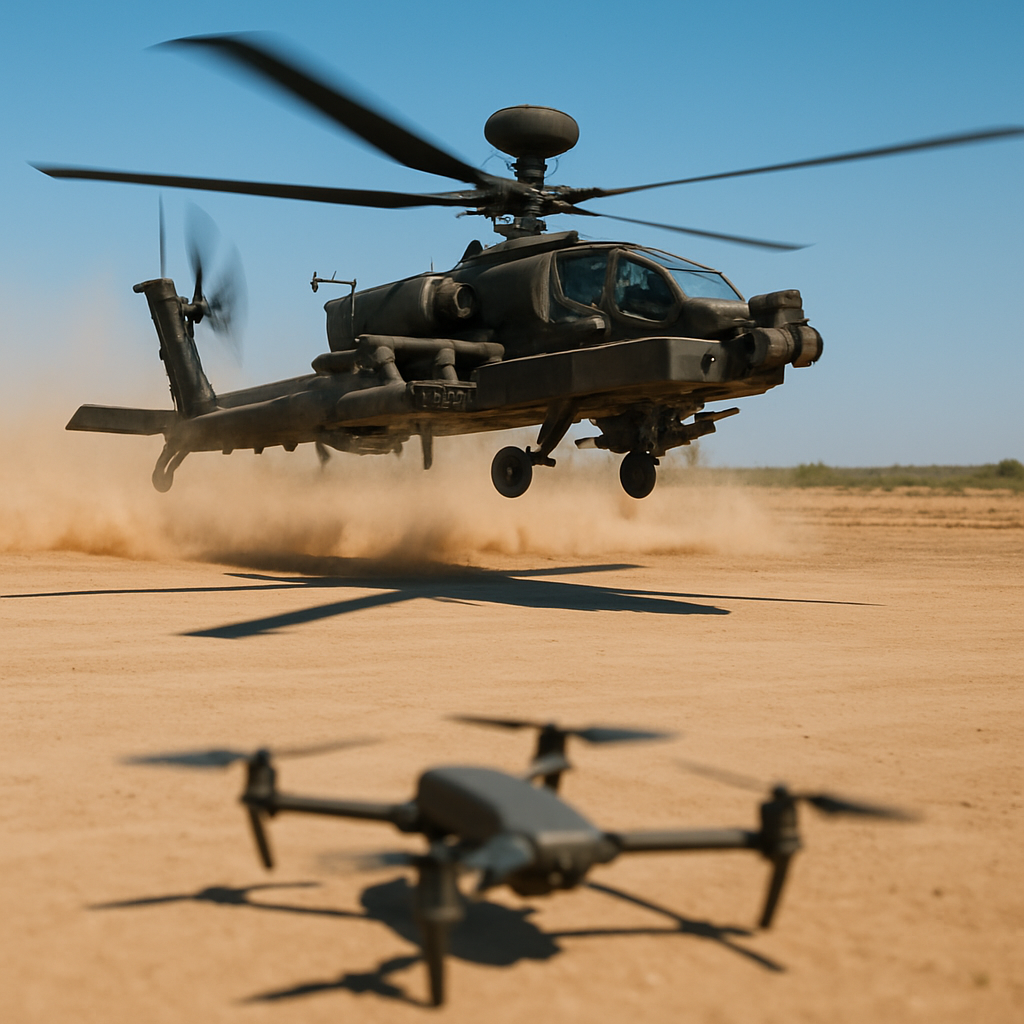 AH-64 Apache attack helicopter taking off from a dusty airfield with rotors casting a dynamic shadow.