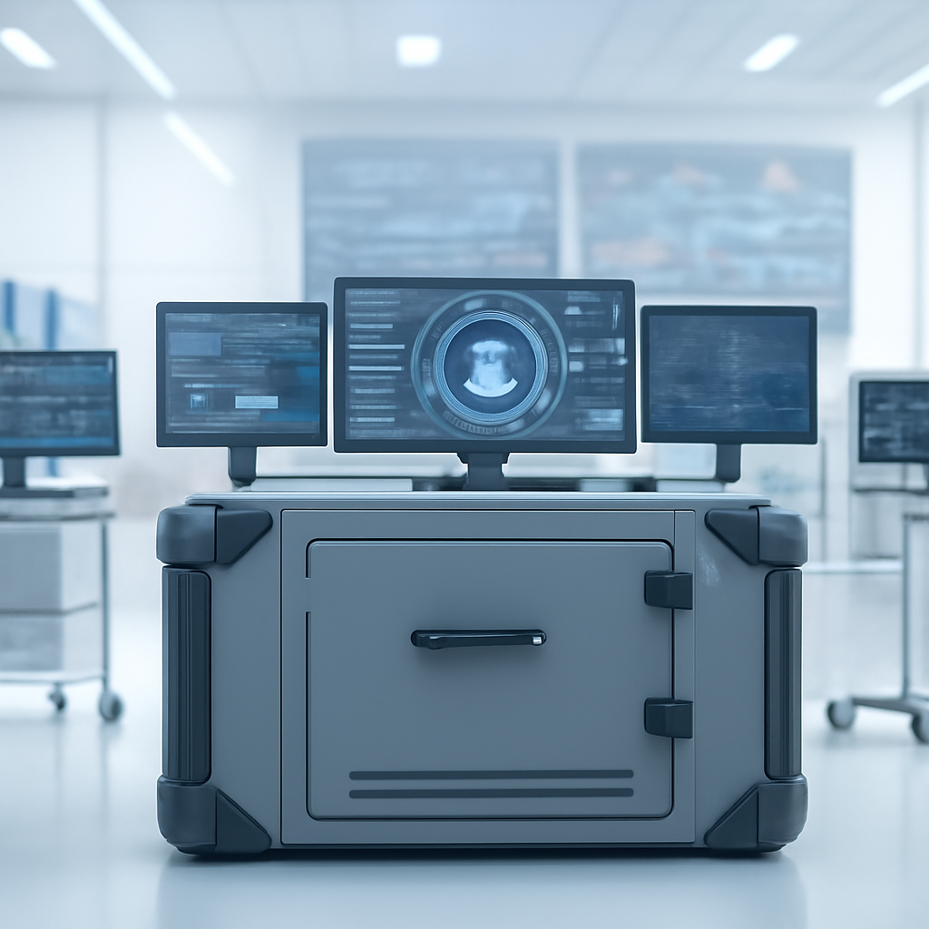 Futuristic lab with secure workstation, monitors, and equipment amidst a blurred network operations backdrop.