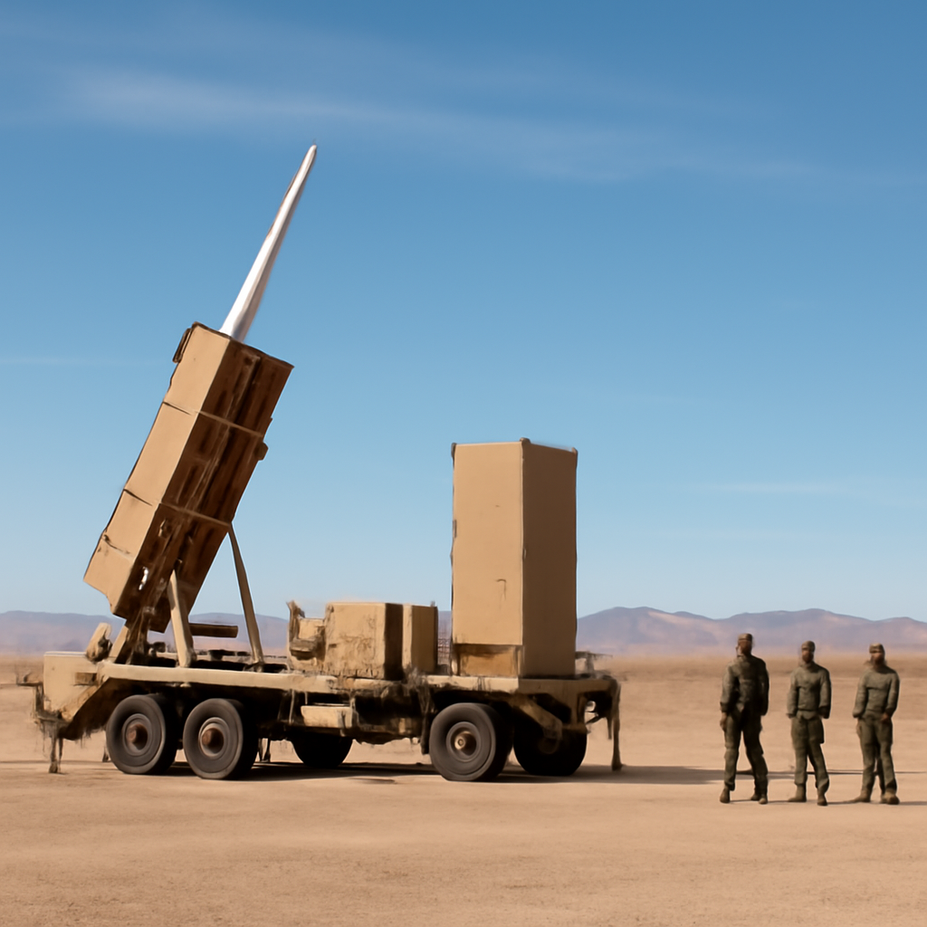 Military missile launcher on a desert test range with distant hills.
