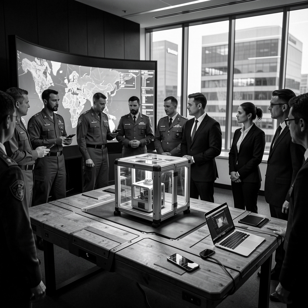 Military personnel and civilians gather around a large screen displaying a map in a sleek, dimly lit operations room.