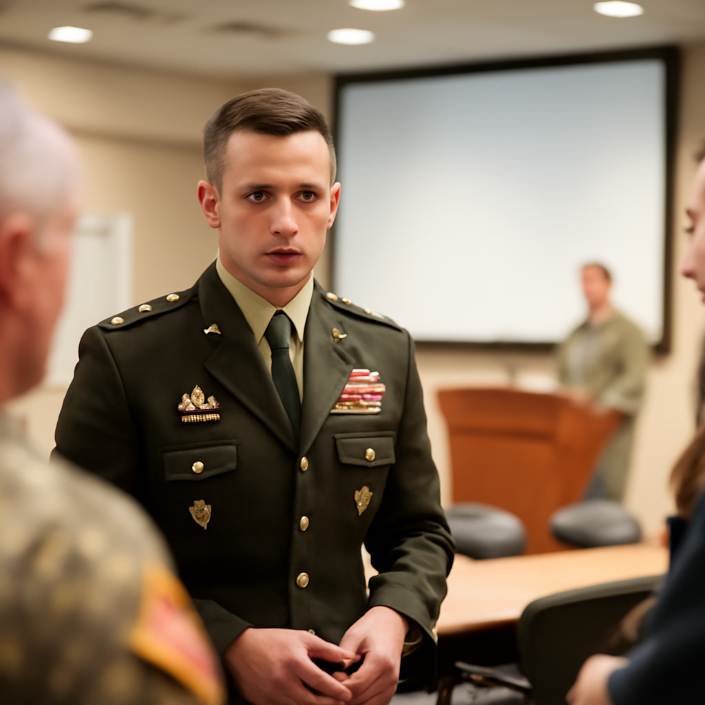 US Army officer leads discussion with military personnel and staff in briefing room.