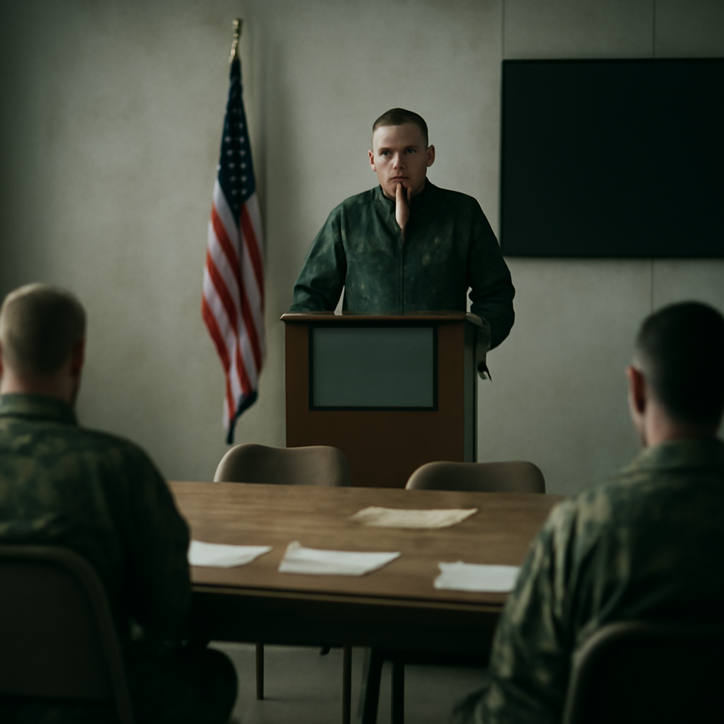 Senior officer gives stern briefing in somber, neutral-colored conference room.