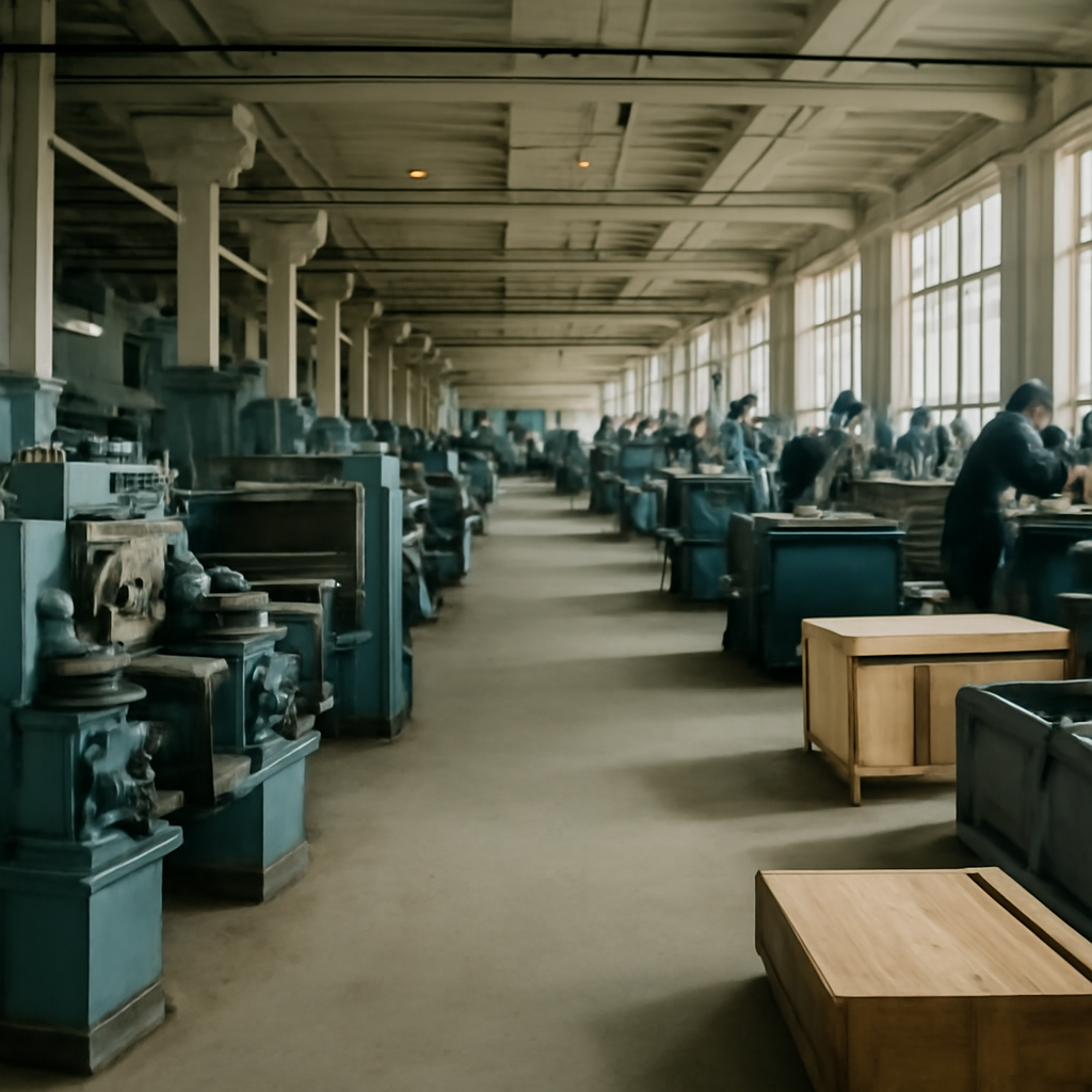 Industrial factory floor with machinery, workstations, and workers in background.