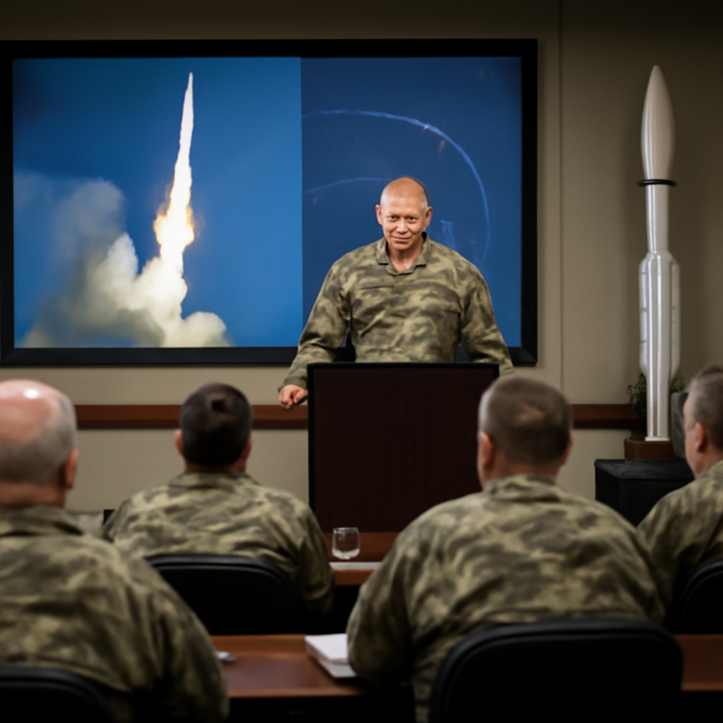 Army officials gather around a presentation screen in a briefing room, engaged in a discussion with a subtle focus on…