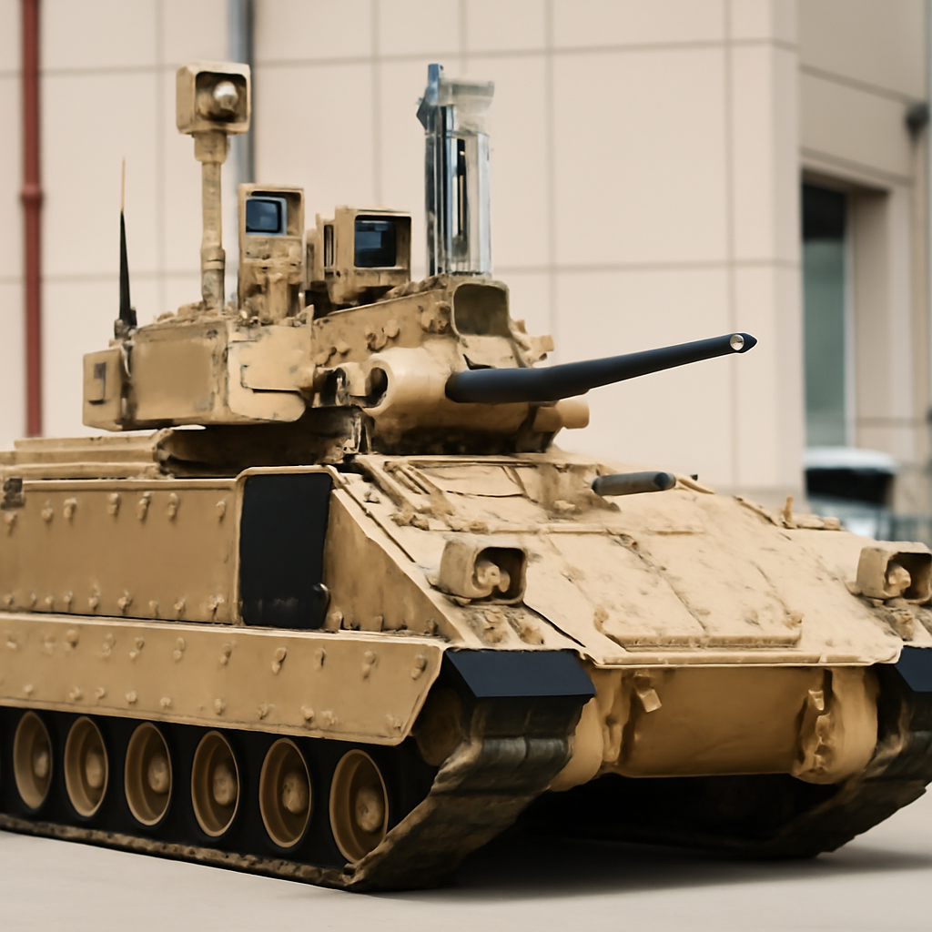 Military vehicle in testing setting with visible sensors and hardware components.