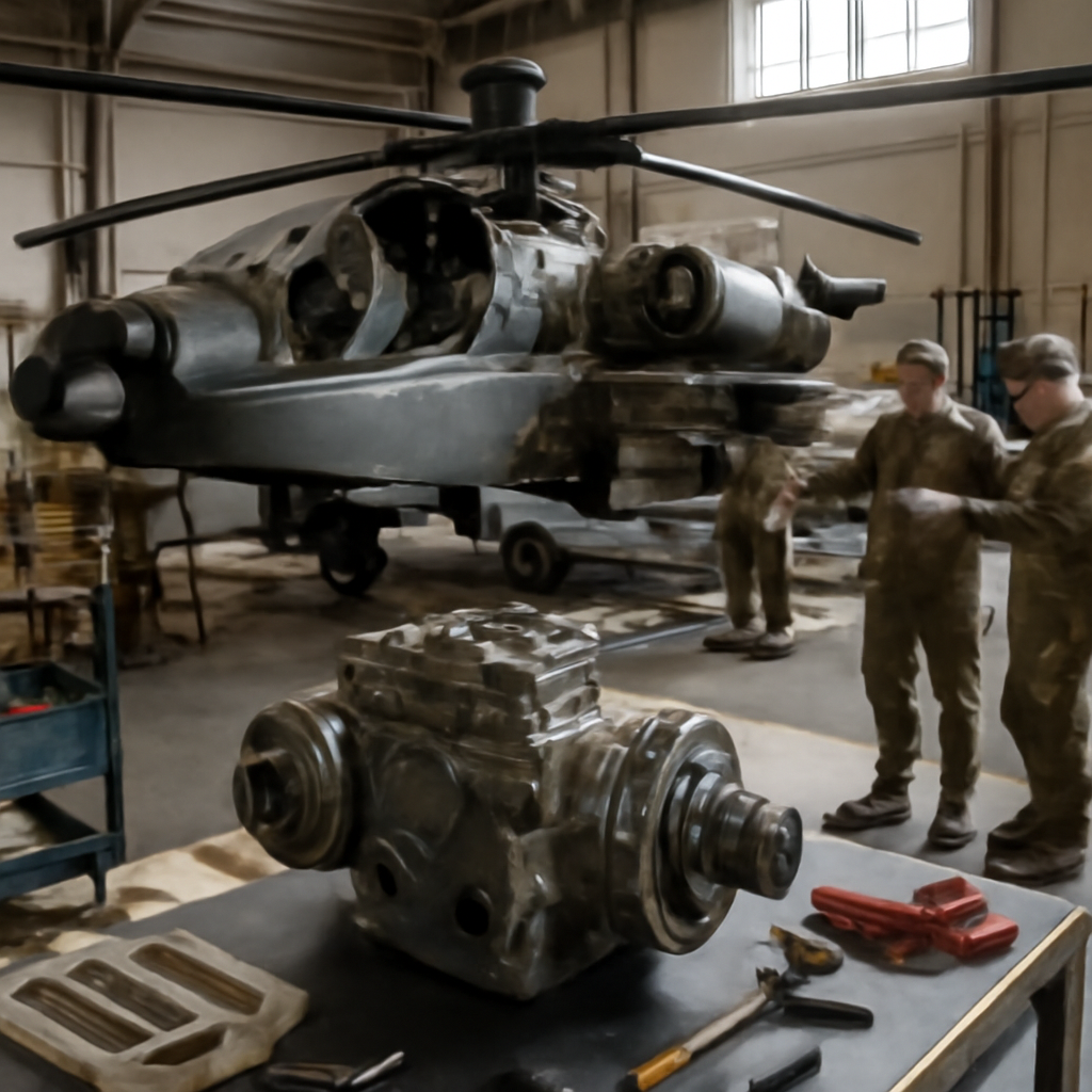 Technicians in Army uniforms work on a partially disassembled AH-64 Apache helicopter in a hangar with a main transmission…