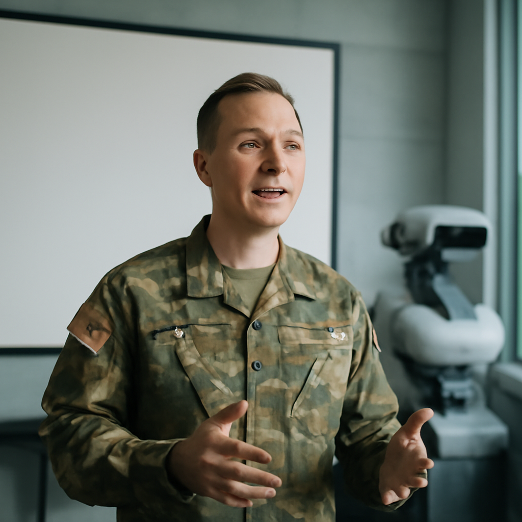 US Army officer stands in formal setting with subtle tech hints.