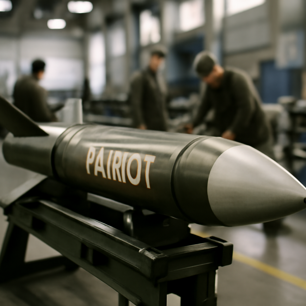 Patriot missile on facility floor with military personnel nearby.