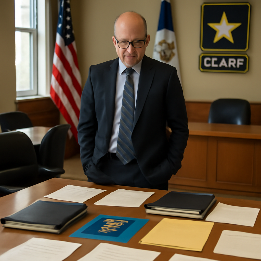 Military official stands near a briefing table with a window in the background.