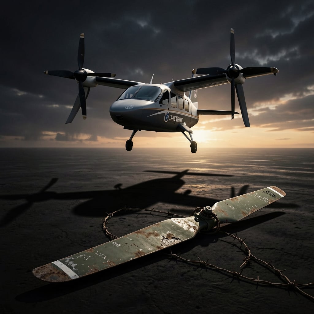 Futuristic tiltrotor aircraft soars against ominous sky, leaving broken vintage rotor blade in foreground.