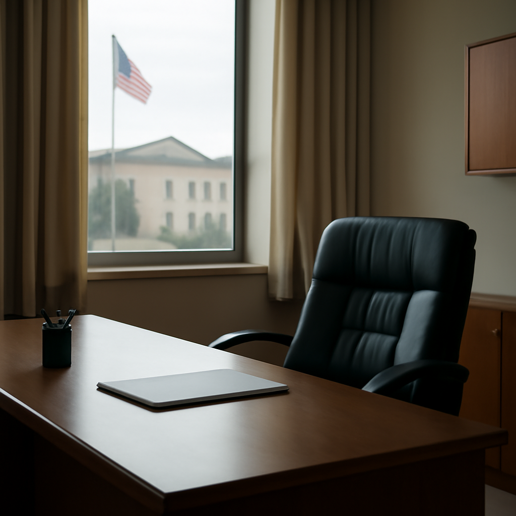 Formal office desk and chair with government building view.