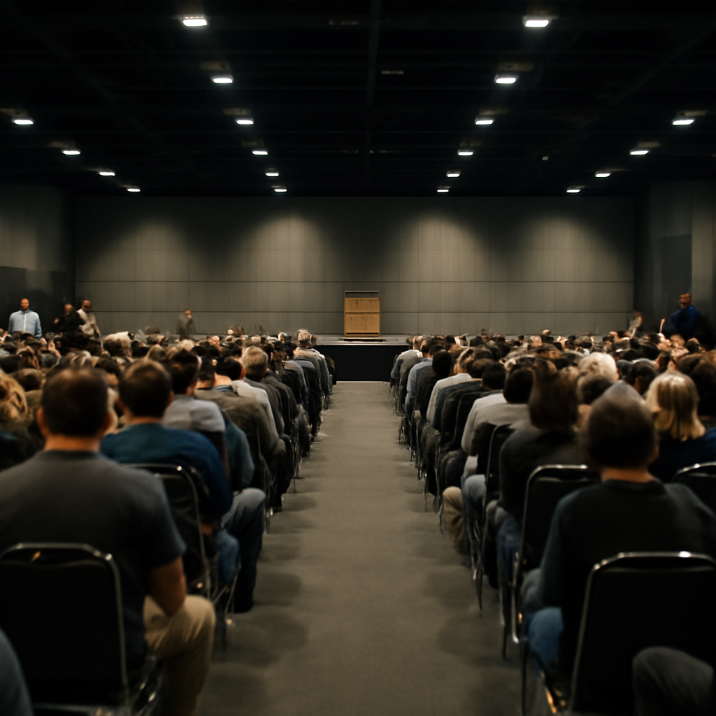 A large convention center hall filled with seated and standing attendees, with a podium at the far end.