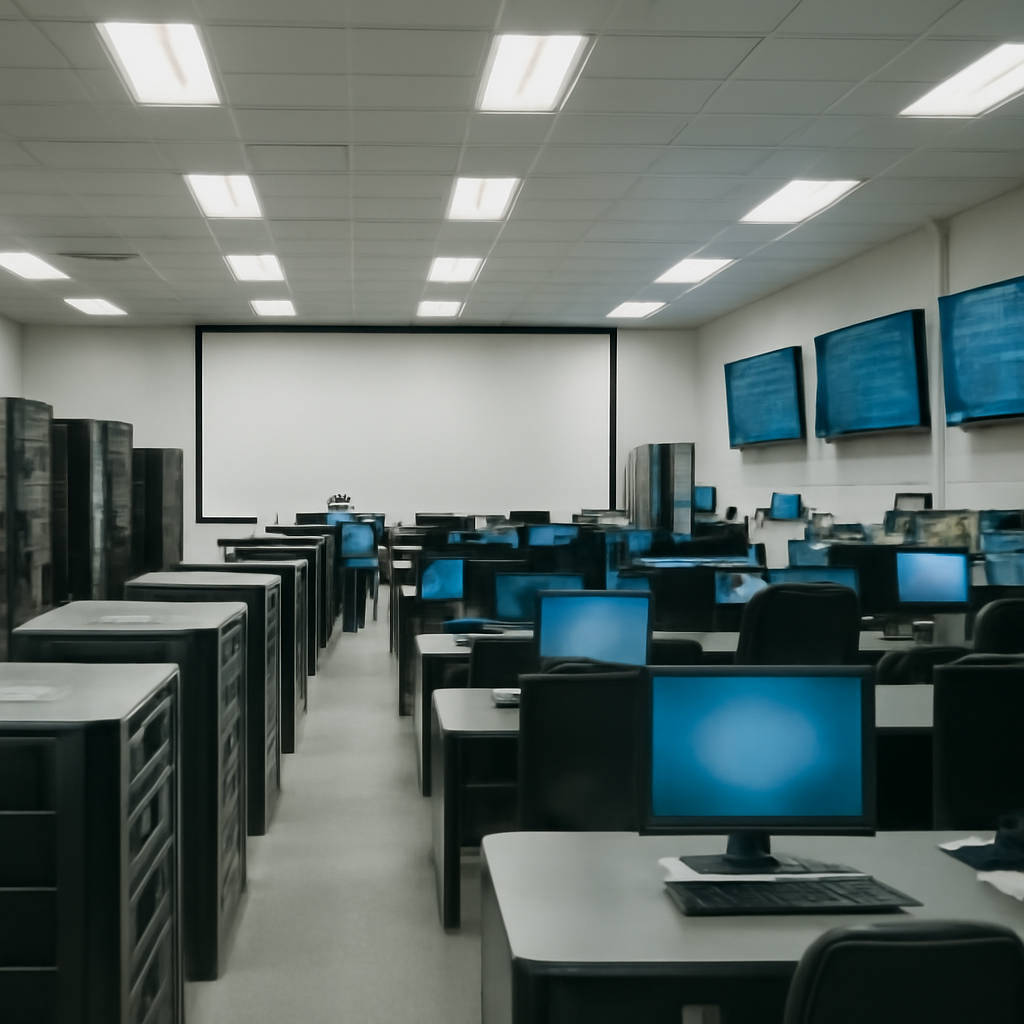 Large network operations center with rows of server racks, workstations, and screens on walls under bright fluorescent…