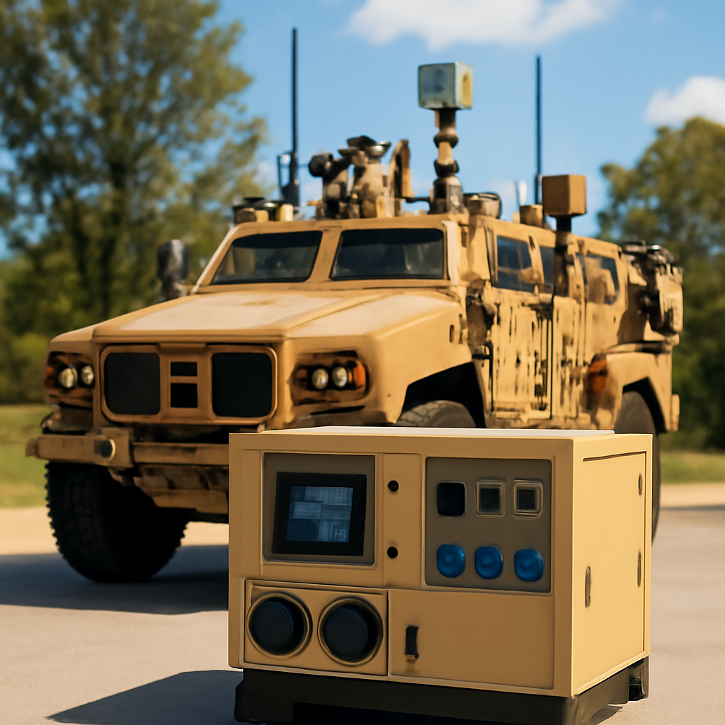Military vehicle with mounted equipment and power generation unit outdoors.