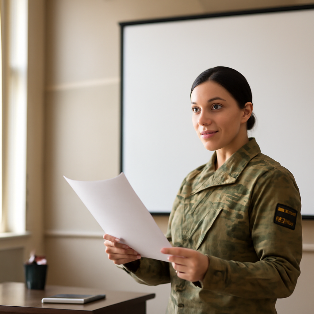 US Army officer in briefing room examining a document near a large screen display.