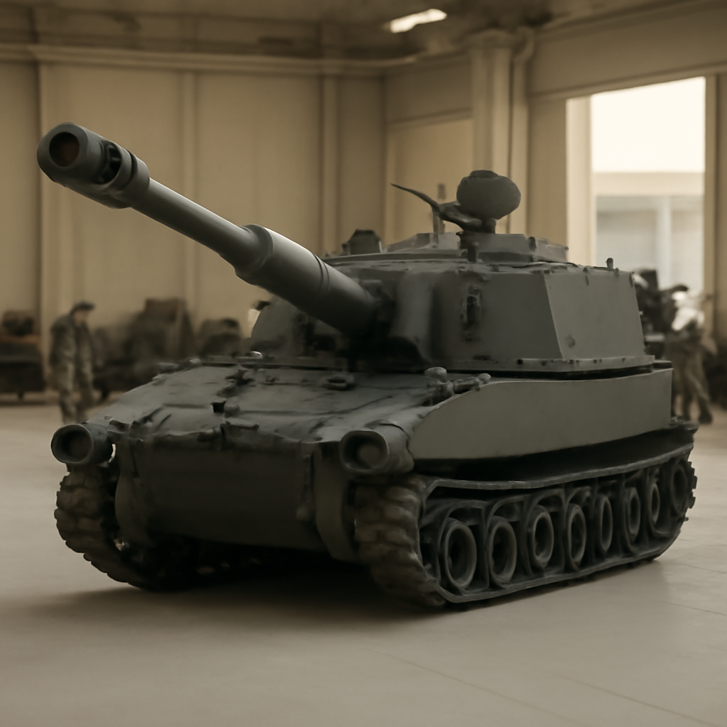 Tracked self-propelled howitzer on a plain surface in a large, open facility.