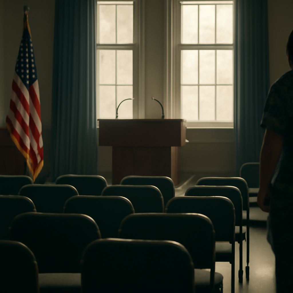 Briefing room with podium and empty chairs in a secure Department of Defense facility.