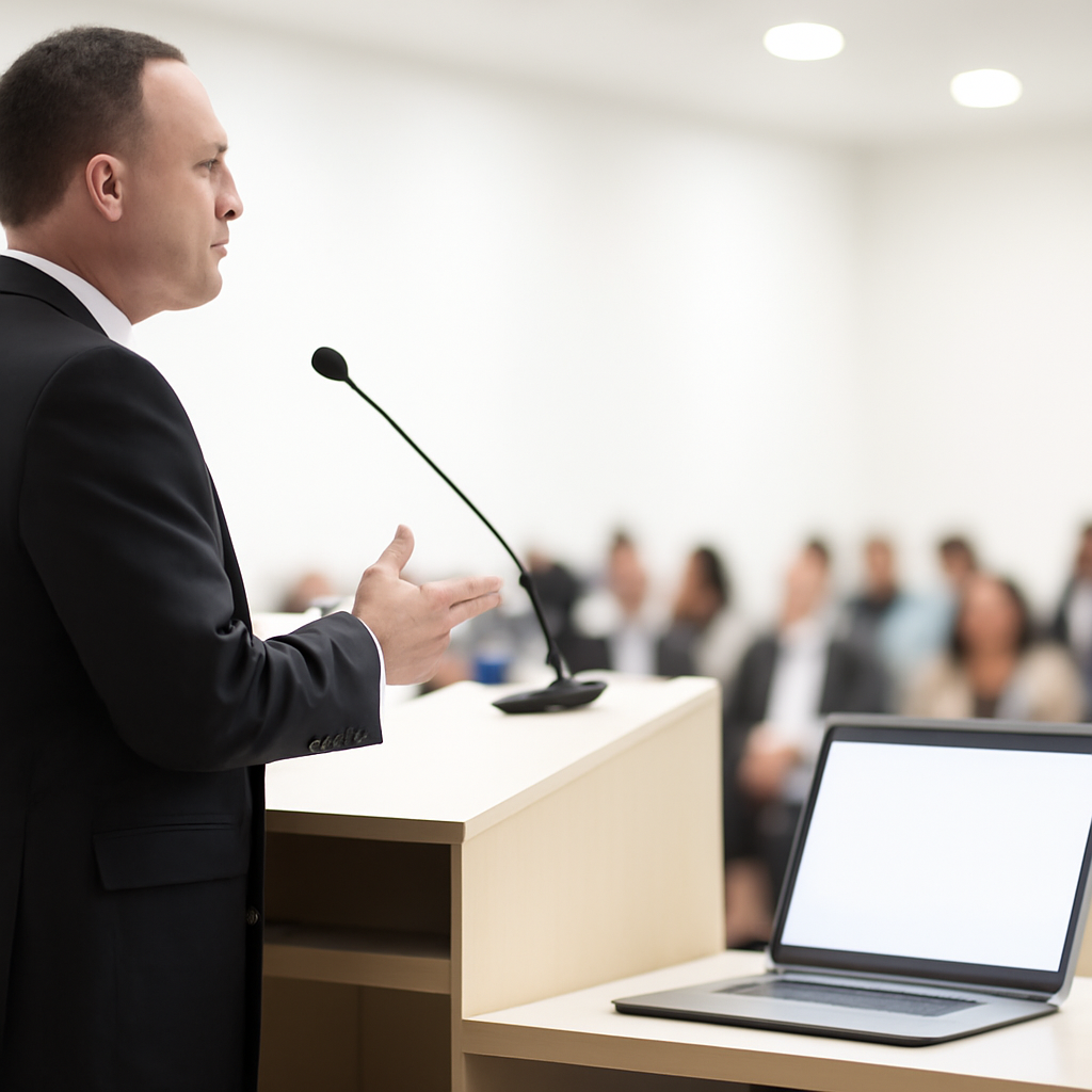 Speaker at podium in conference setting with blurred audience and blank laptop screen.