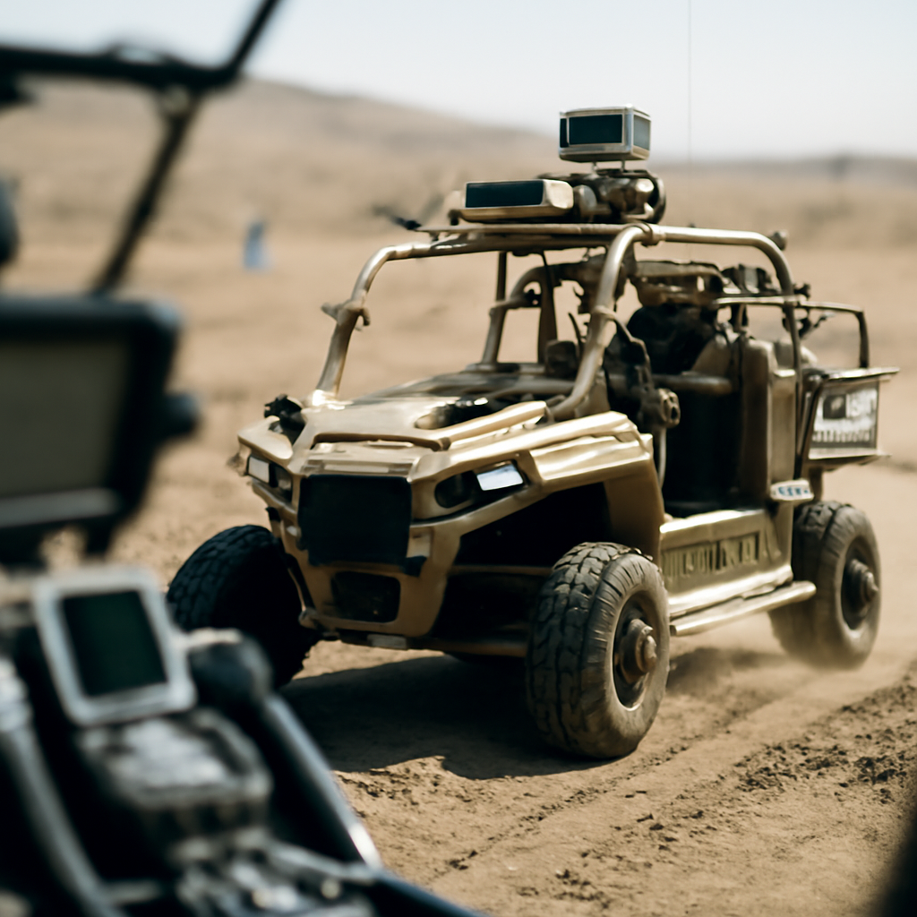 Polaris MRZR unmanned vehicle driving on rugged terrain with blurred control systems.