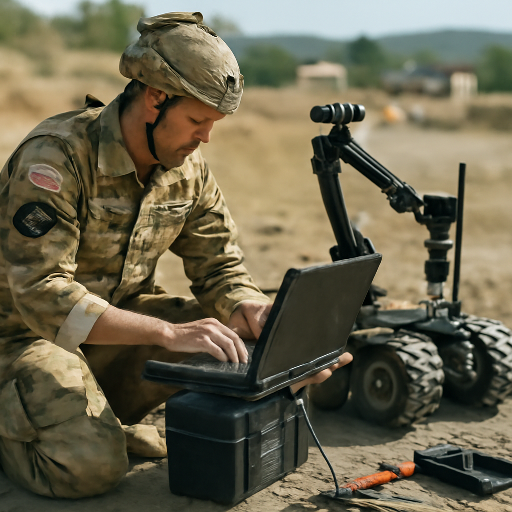 Warrant officer in Army Special Ops uniform works on robot with laptop and tools in outdoor training setting.