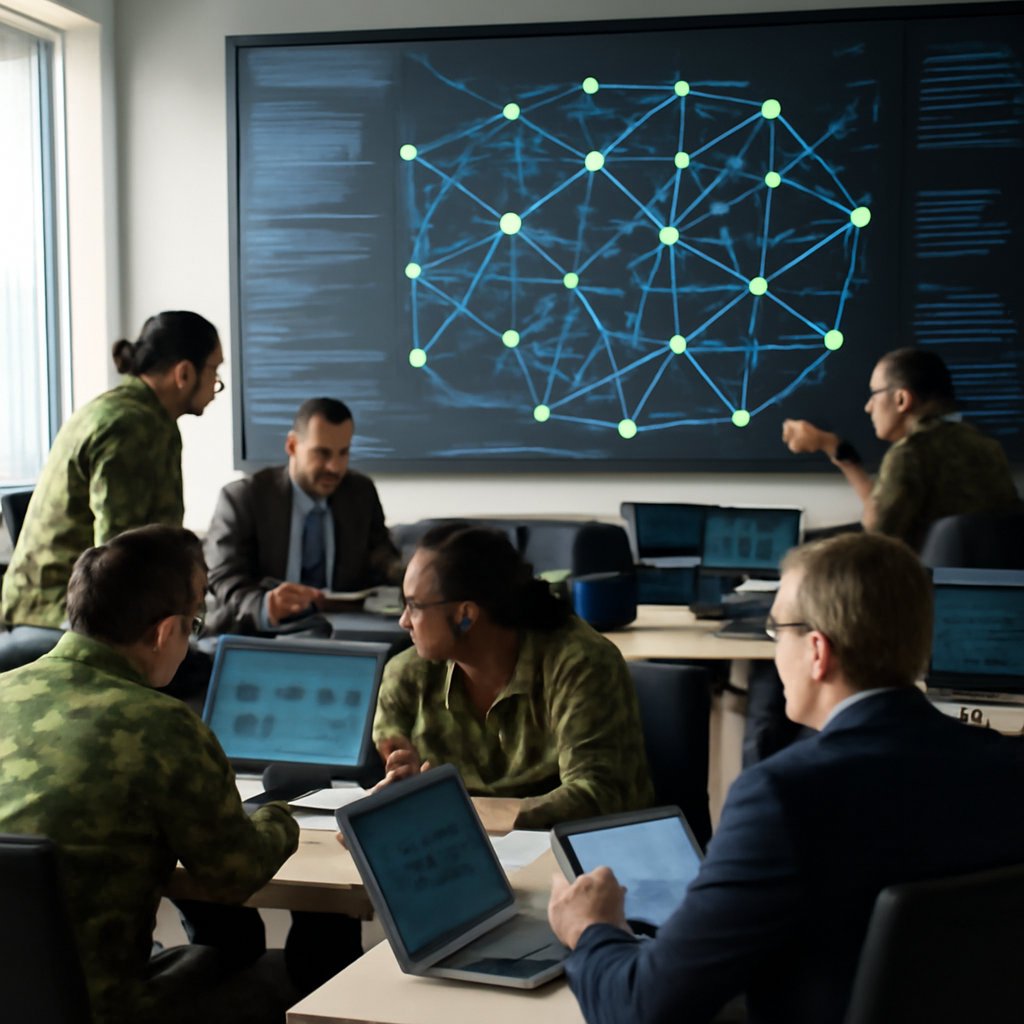 Military personnel and civilians collaborate in a modern operations center with a large network diagram display.