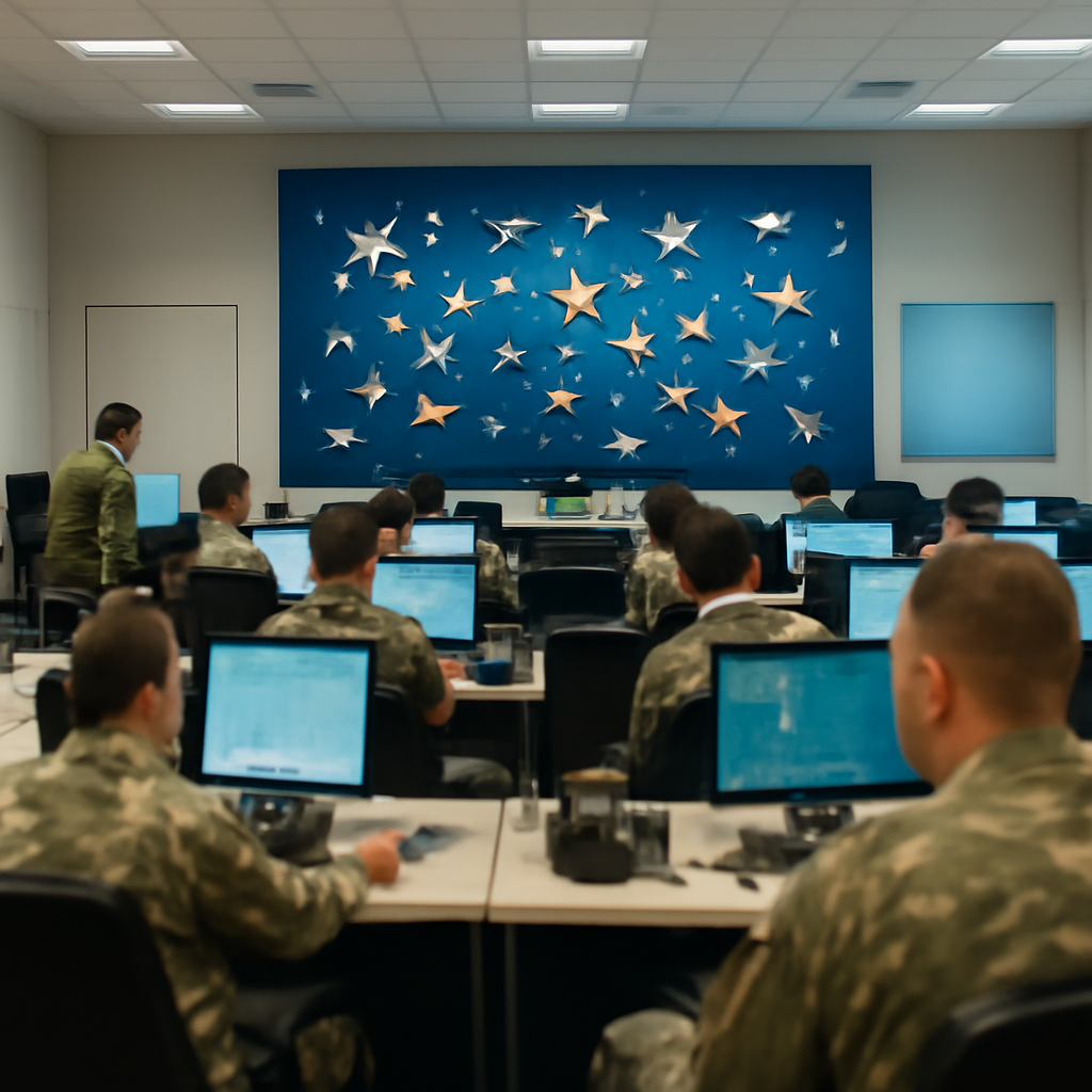 Military personnel work together in a command center with rows of workstations and a large screen displaying a complex…