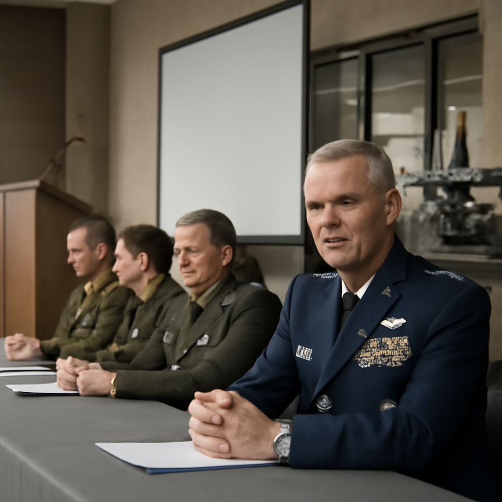 Senior military officer presents briefing to officials in conference room with technical equipment.