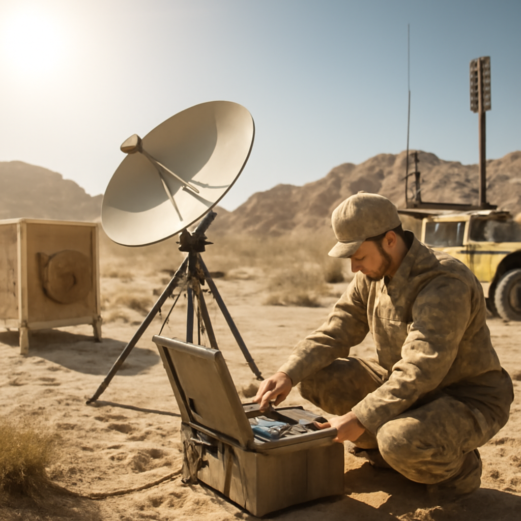 Soldier testing next-gen communications device in Mojave Desert landscape.
